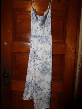 Cider Blue and White Floral Satin Midi Slip Dress